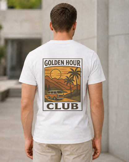 Golden Hour Club T-Shirt – Bio-Baumwolle Shirt Weiss, Rückenprint