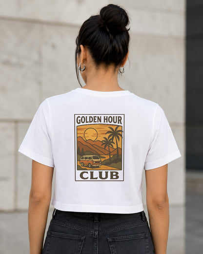 Golden Hour Club T-Shirt – Frauen Crop Shirt Weiss, Rückenprint