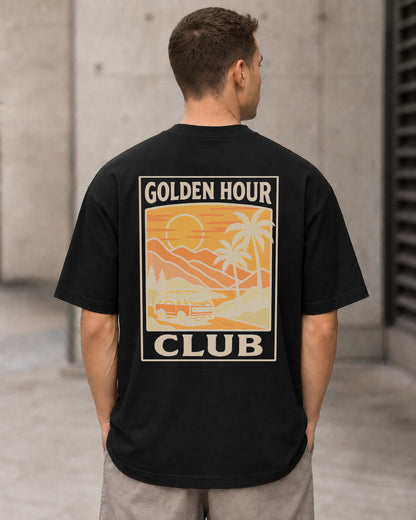 Golden Hour Club T-Shirt – Heavyweight Oversize Shirt Schwarz, Rückenprint