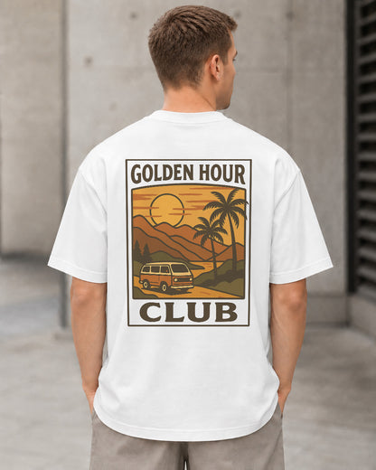Golden Hour Club T-Shirt – Heavyweight Oversize Shirt Weiss, Rückenprint