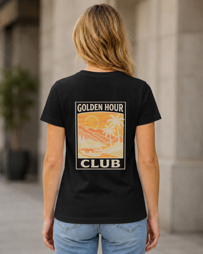 Golden Hour Club T-Shirt – Frauen Shirt Schwarz, Rückenprint