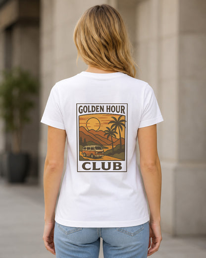 Golden Hour Club T-Shirt – Frauen Shirt Weiss, Rückenprint