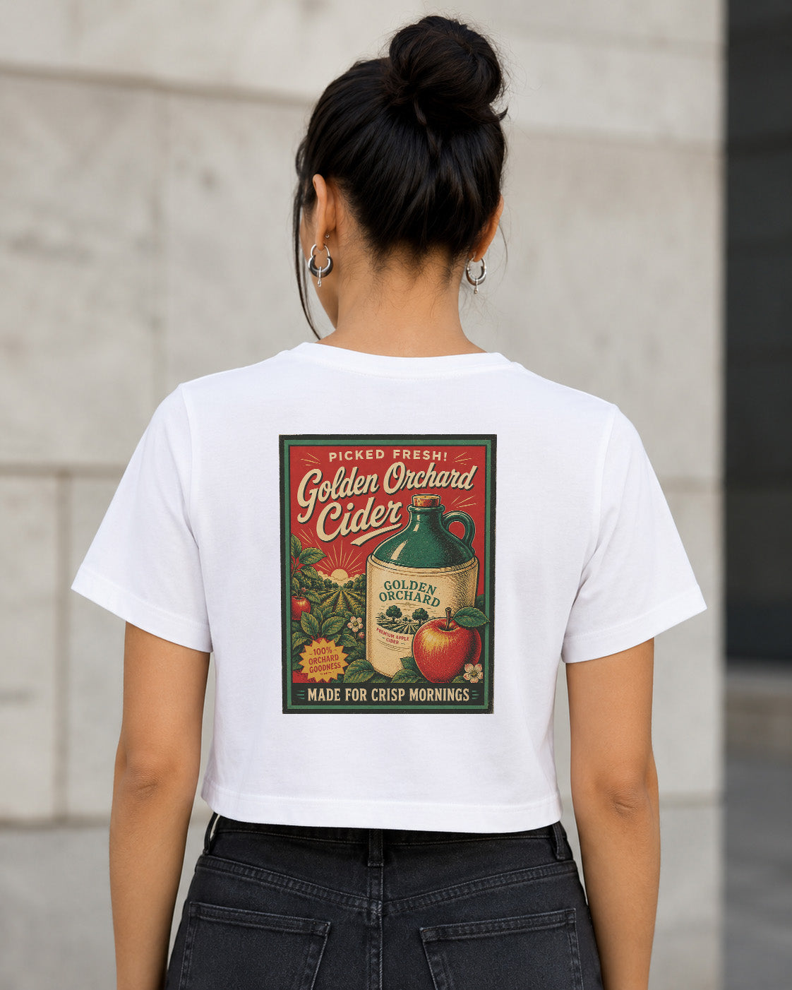 Golden Orchard Cider T-Shirt – Frauen Crop Shirt Weiss, Rückenprint