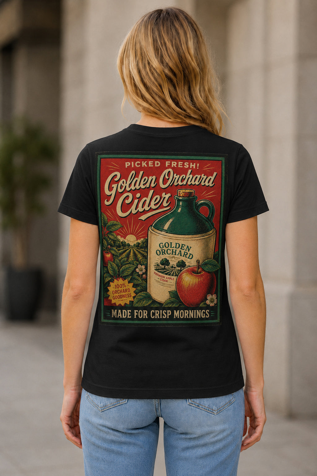 Golden Orchard Cider T-Shirt – Frauen Shirt Schwarz, Rückenprint