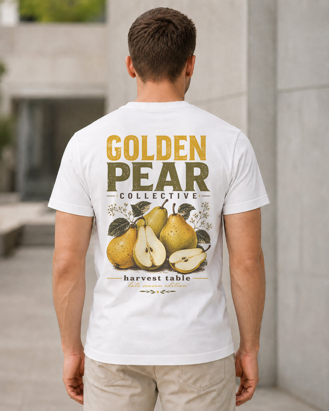 Golden Pear Collective T-Shirt – Bio-Baumwolle Shirt Weiss, Rückenprint