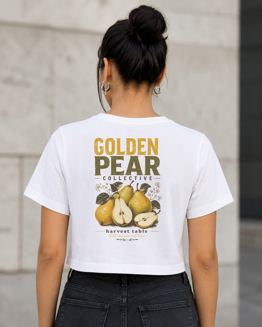 Golden Pear Collective T-Shirt – Frauen Crop Shirt Weiss, Rückenprint