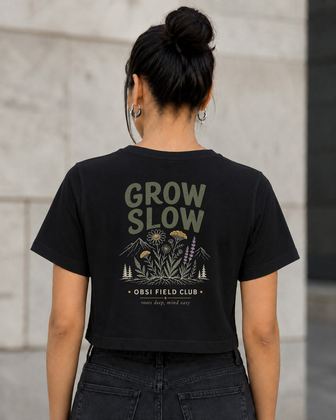 Grow Slow T-Shirt – Frauen Crop Shirt Schwarz, Rückenprint
