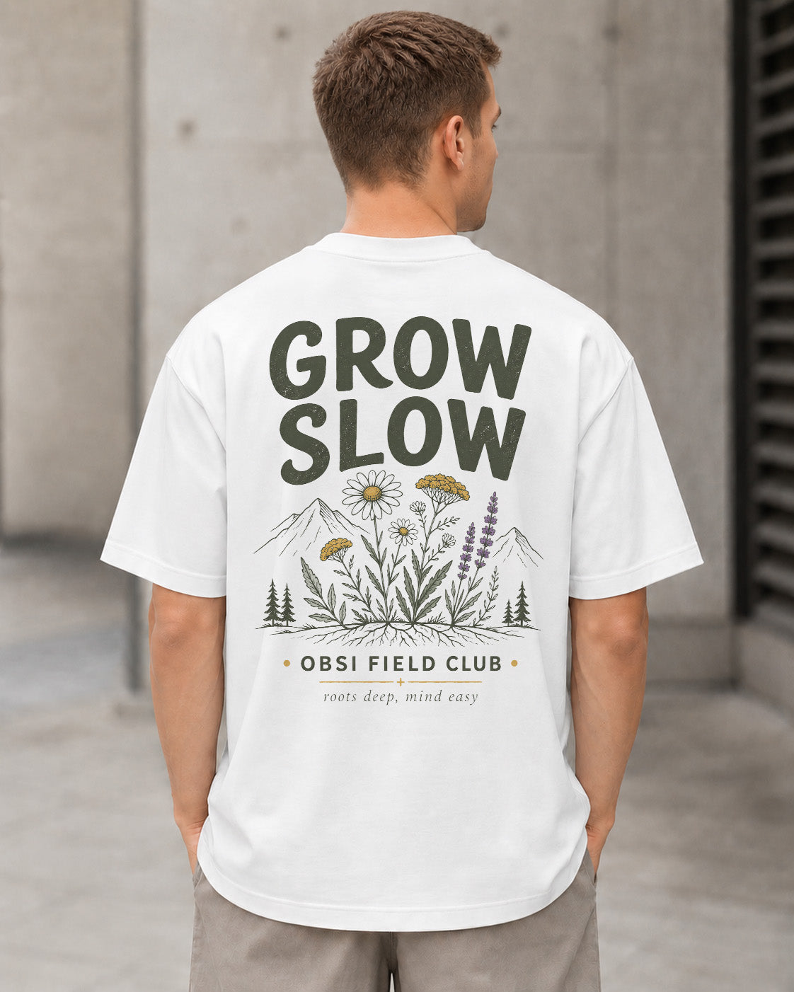 Grow Slow T-Shirt – Heavyweight Oversize Shirt Weiss, Rückenprint