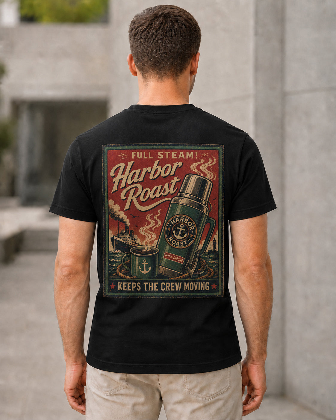 Harbor Roast T-Shirt – Bio-Baumwolle Shirt Schwarz, Rückenprint