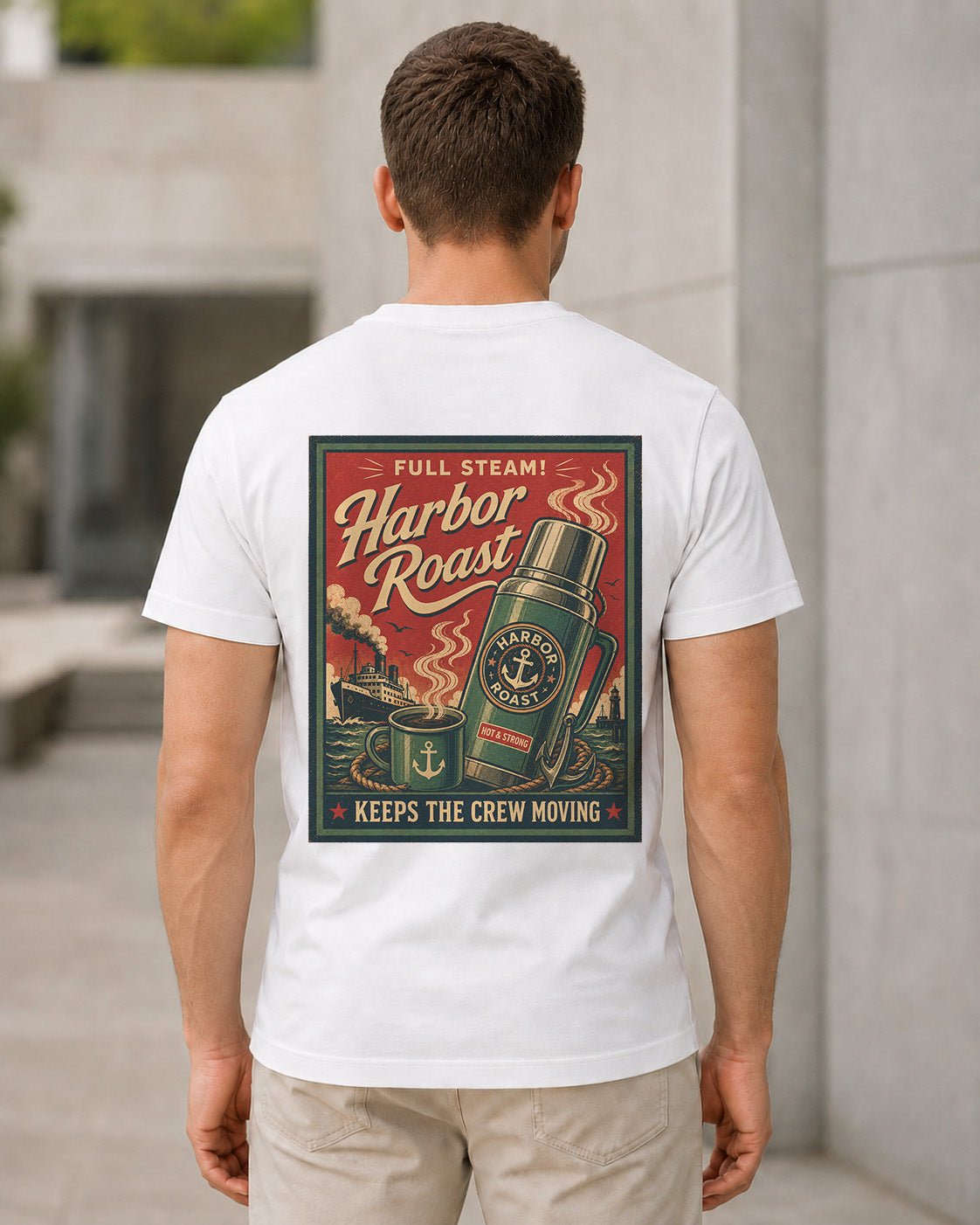 Harbor Roast T-Shirt – Bio-Baumwolle Shirt Weiss, Rückenprint