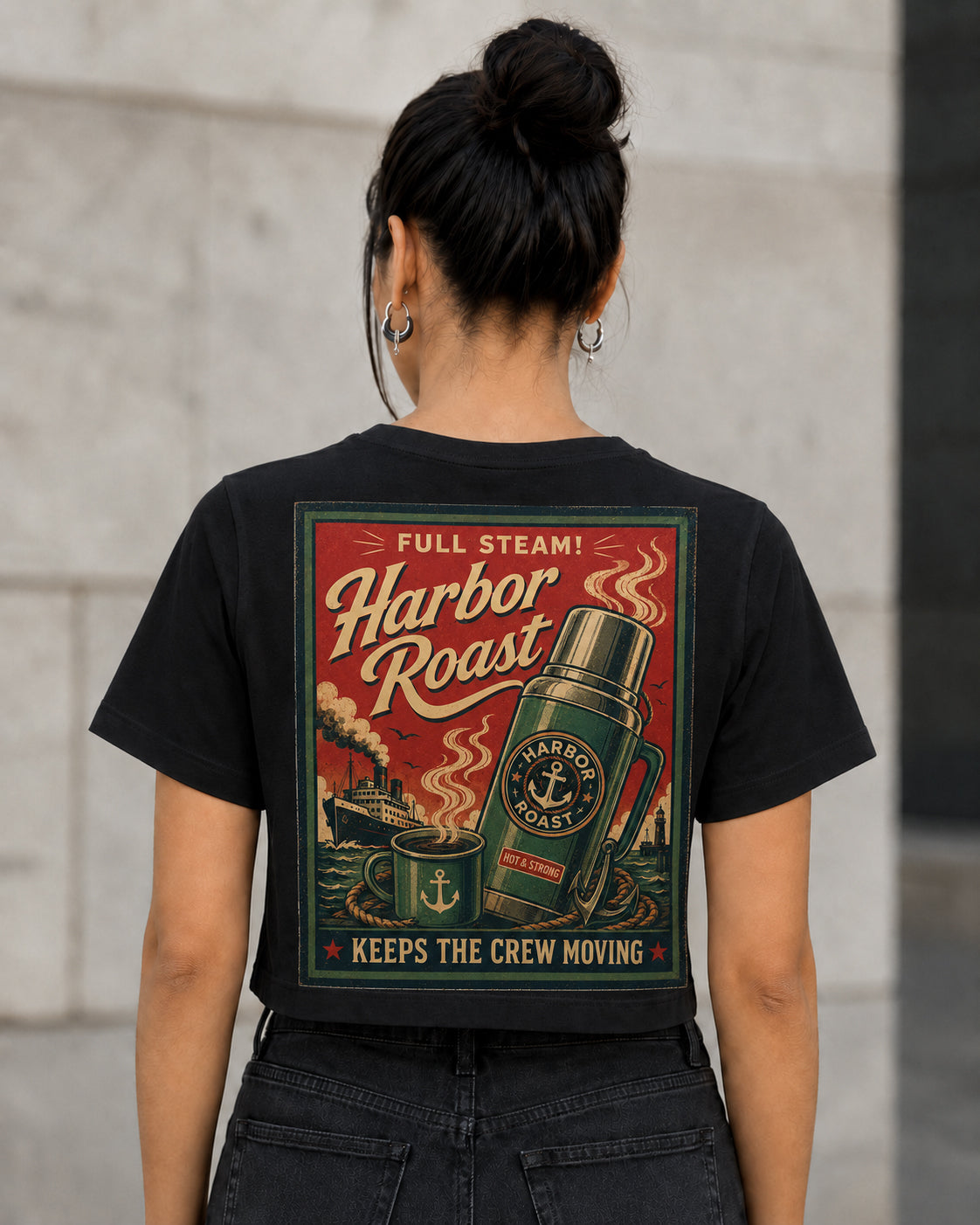 Harbor Roast T-Shirt – Frauen Crop Shirt Schwarz, Rückenprint