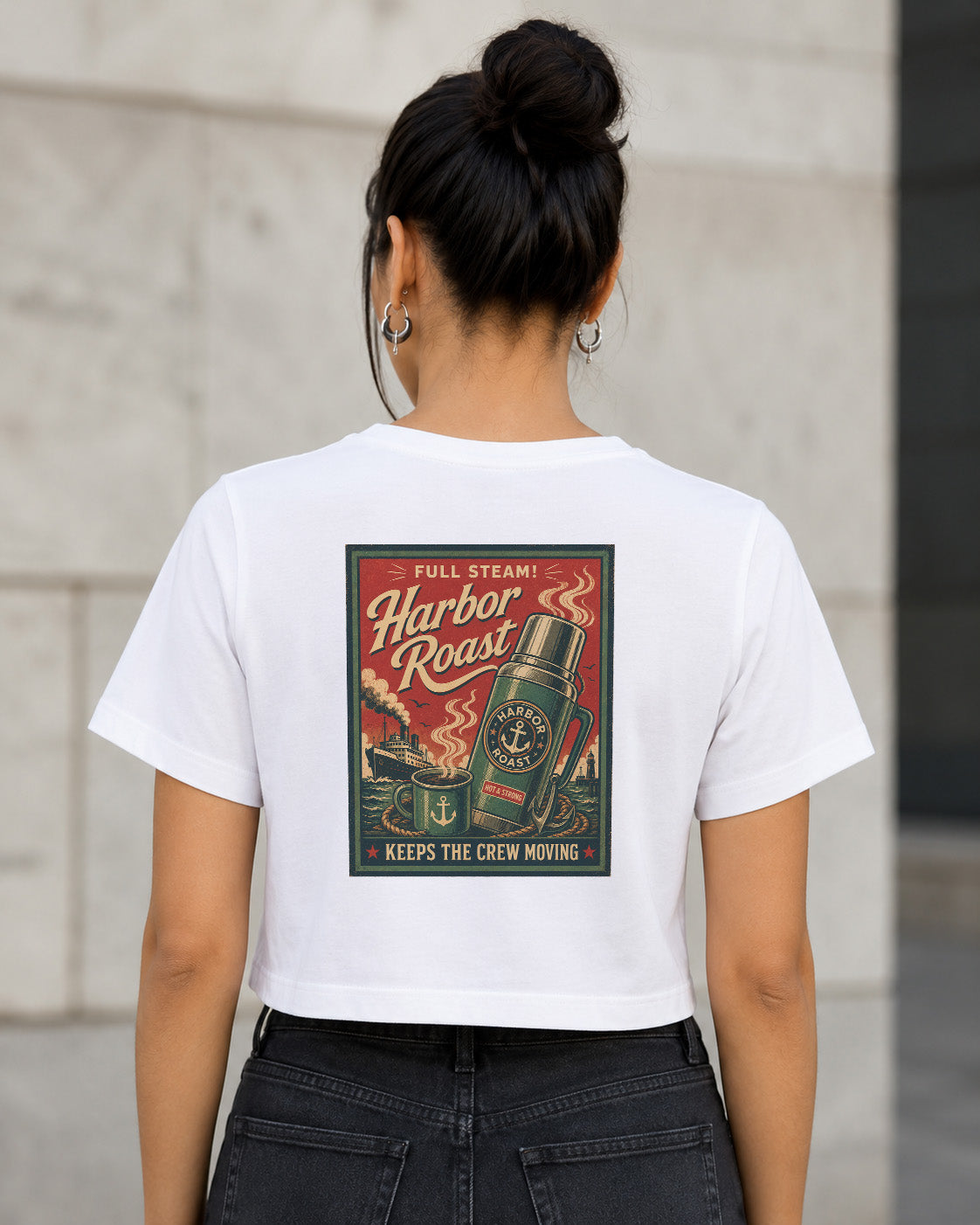 Harbor Roast T-Shirt – Frauen Crop Shirt Weiss, Rückenprint