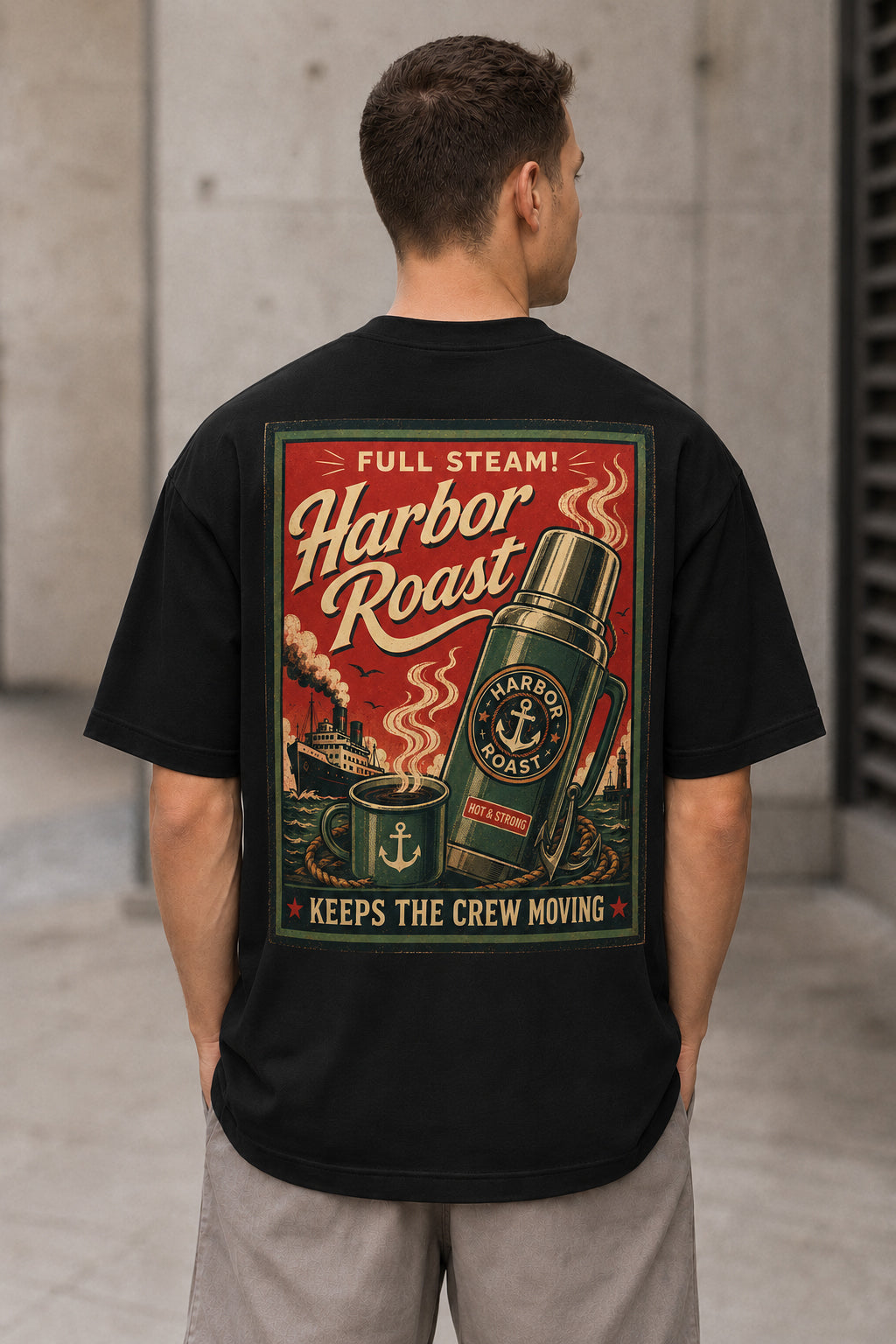 Harbor Roast T-Shirt – Heavyweight Oversize Shirt Schwarz, Rückenprint