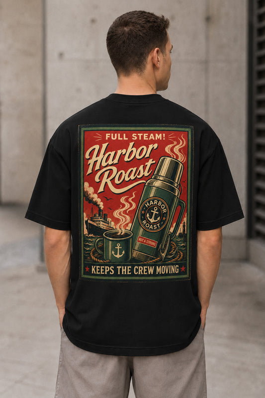 Harbor Roast T-Shirt – Heavyweight Oversize Shirt Schwarz, Rückenprint