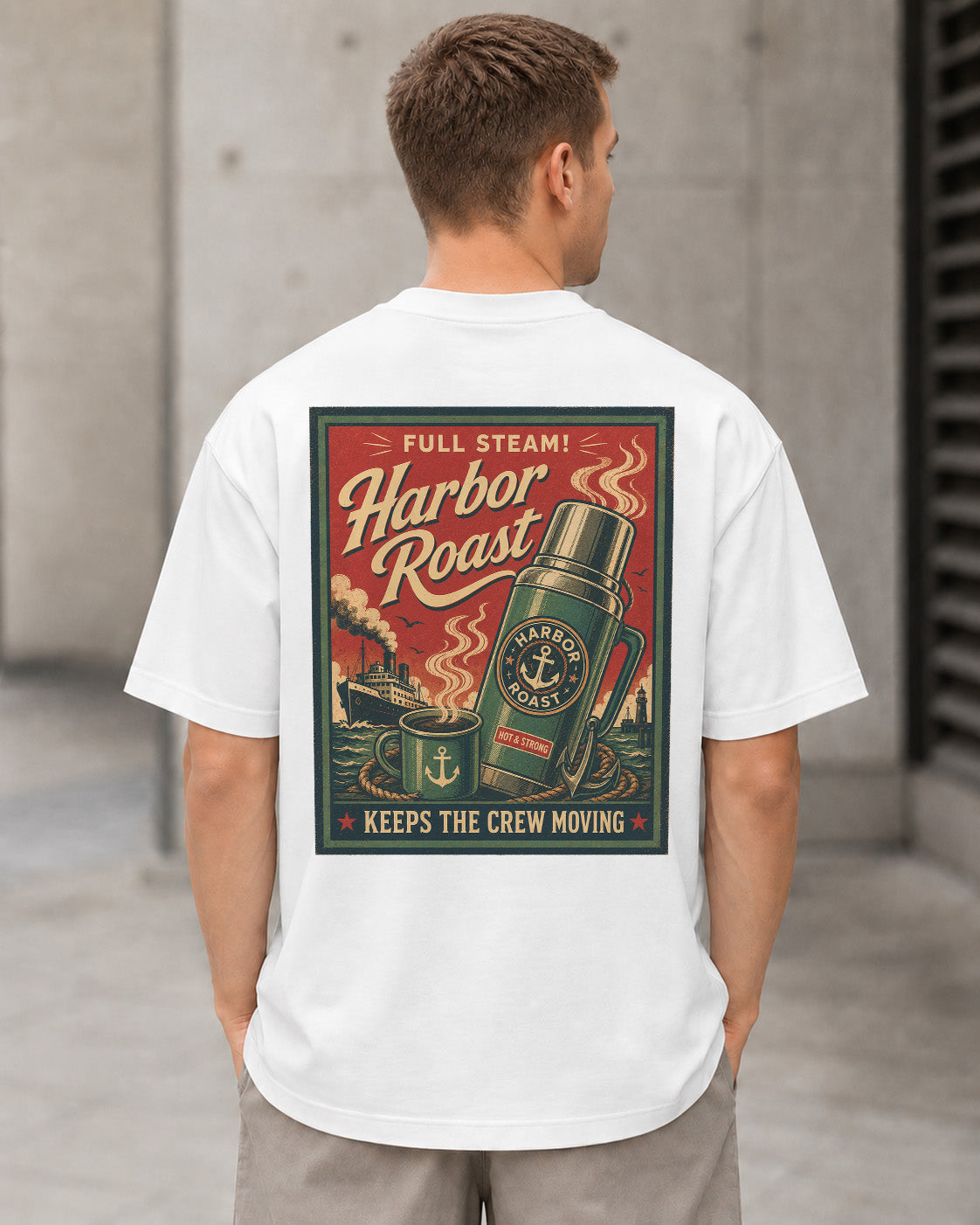 Harbor Roast T-Shirt – Heavyweight Oversize Shirt Weiss, Rückenprint