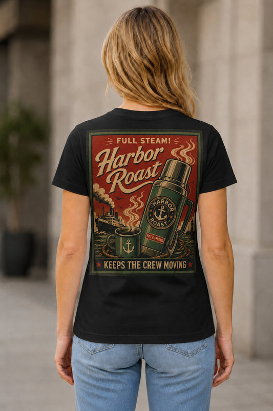 Harbor Roast T-Shirt – Frauen Shirt Schwarz, Rückenprint