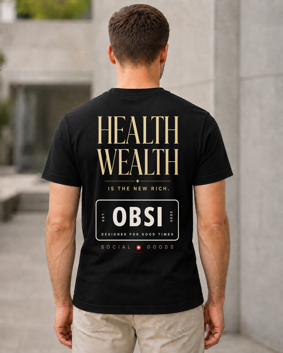 Health Wealth T-Shirt – Bio-Baumwolle Shirt Schwarz, Rückenprint