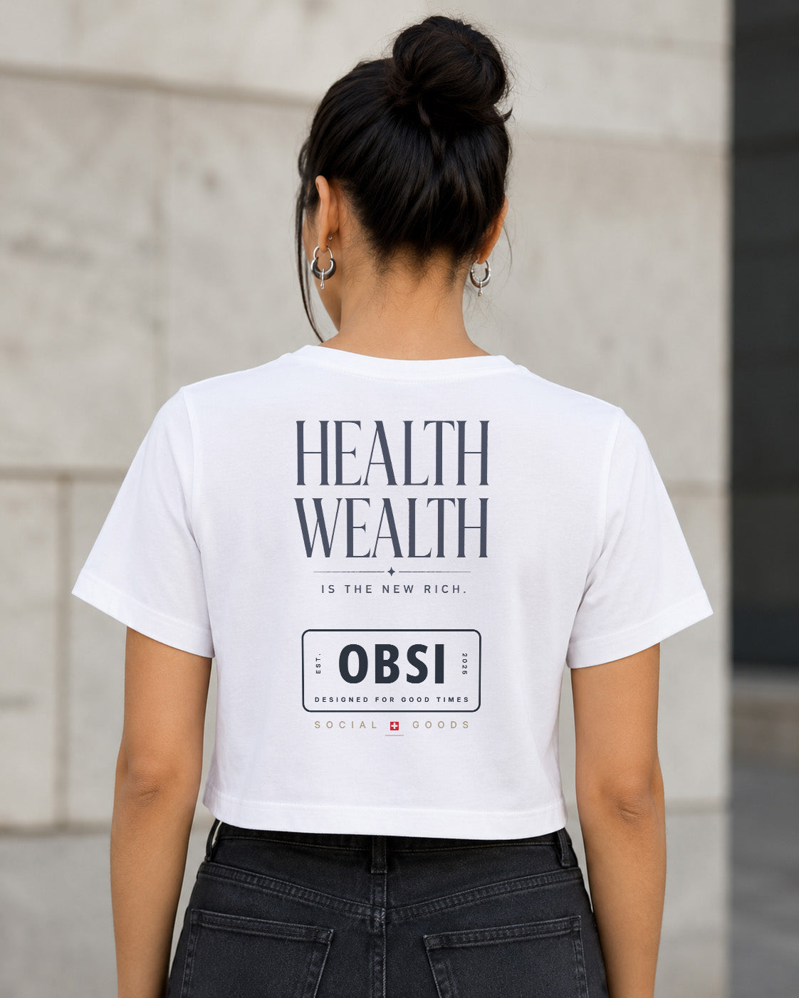 Health Wealth T-Shirt – Frauen Crop Shirt Weiss, Rückenprint