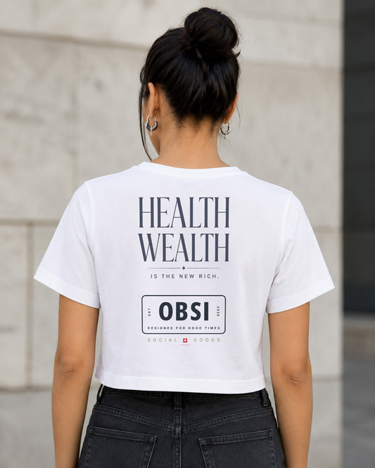 Health Wealth T-Shirt – Frauen Crop Shirt Weiss, Rückenprint