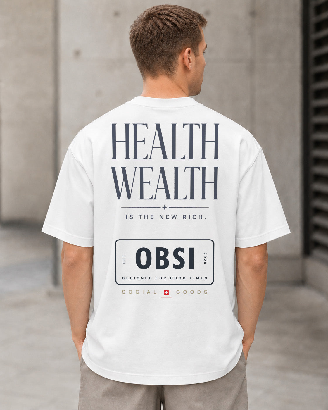 Health Wealth T-Shirt – Heavyweight Oversize Shirt Weiss, Rückenprint