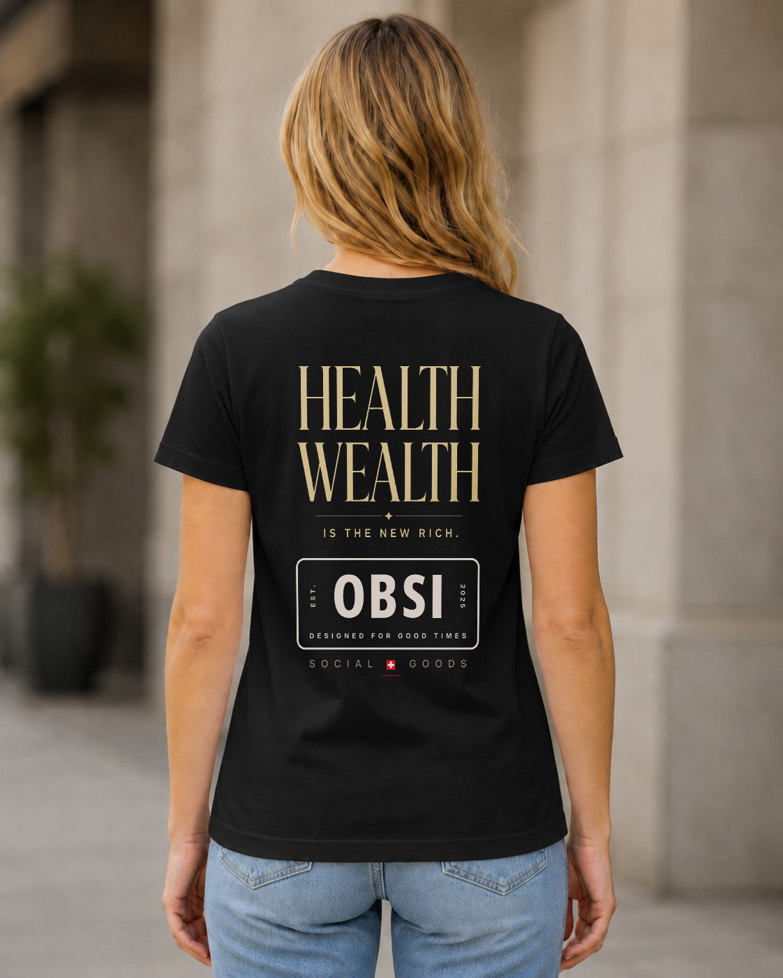 Health Wealth T-Shirt – Frauen Shirt Schwarz, Rückenprint