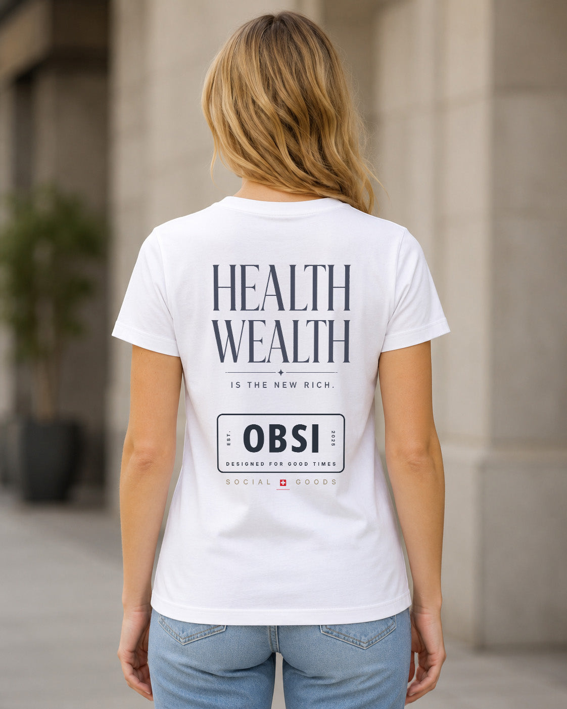 Health Wealth T-Shirt – Frauen Shirt Weiss, Rückenprint