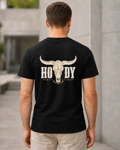 Howdy T-Shirt – Bio-Baumwolle Shirt Schwarz, Rückenprint