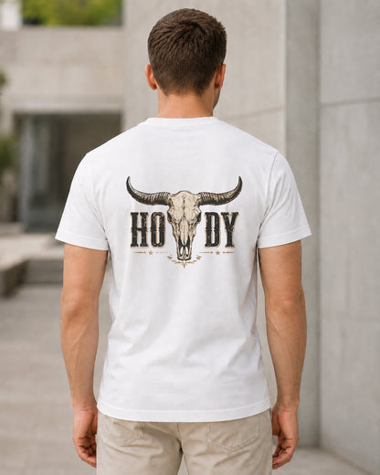 Howdy T-Shirt – Bio-Baumwolle Shirt Weiss, Rückenprint