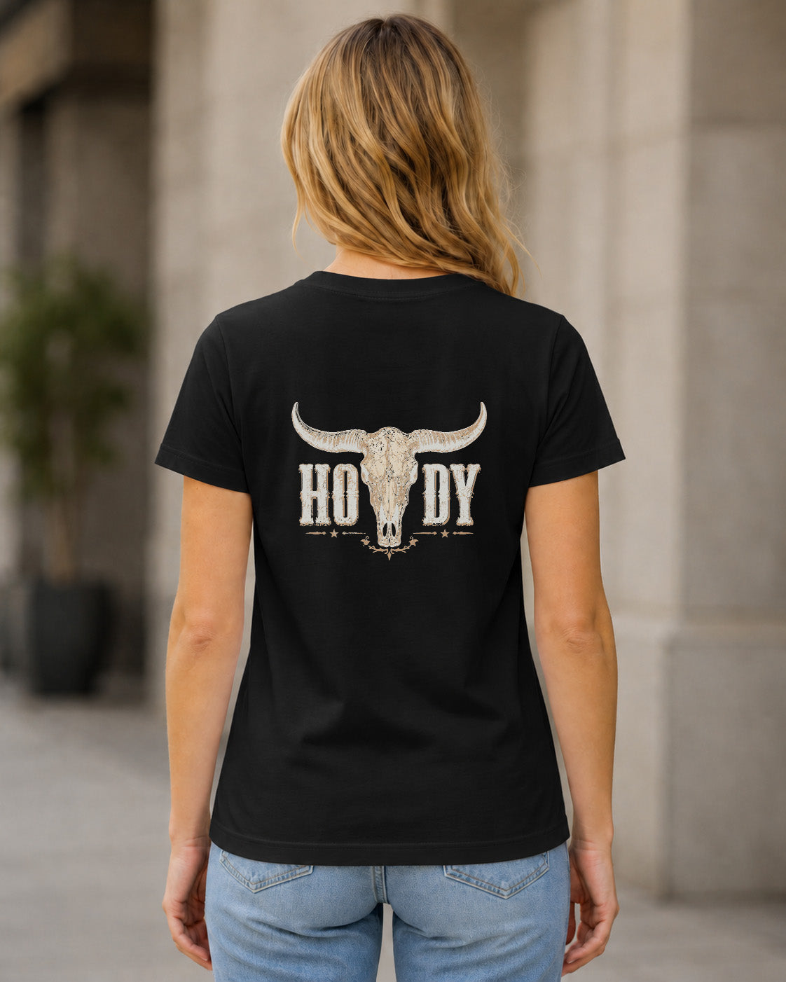 Howdy T-Shirt – Frauen Shirt Schwarz, Rückenprint