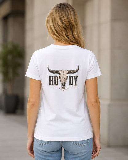 Howdy T-Shirt – Frauen Shirt Weiss, Rückenprint