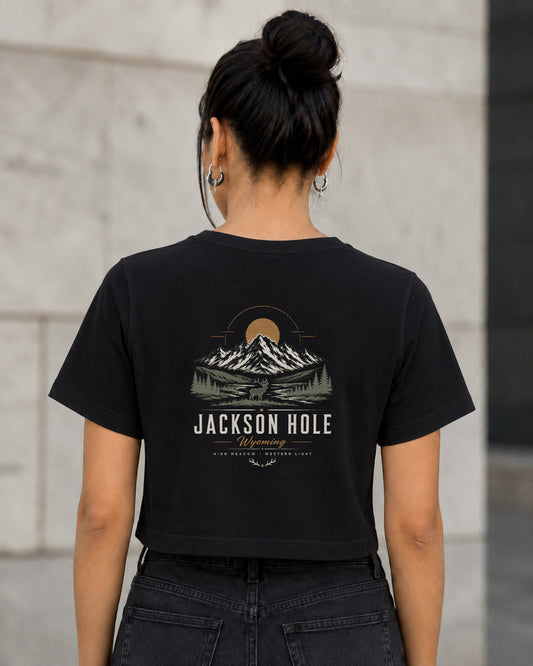 Jackson Hole T-Shirt – Frauen Crop Shirt Schwarz, Rückenprint