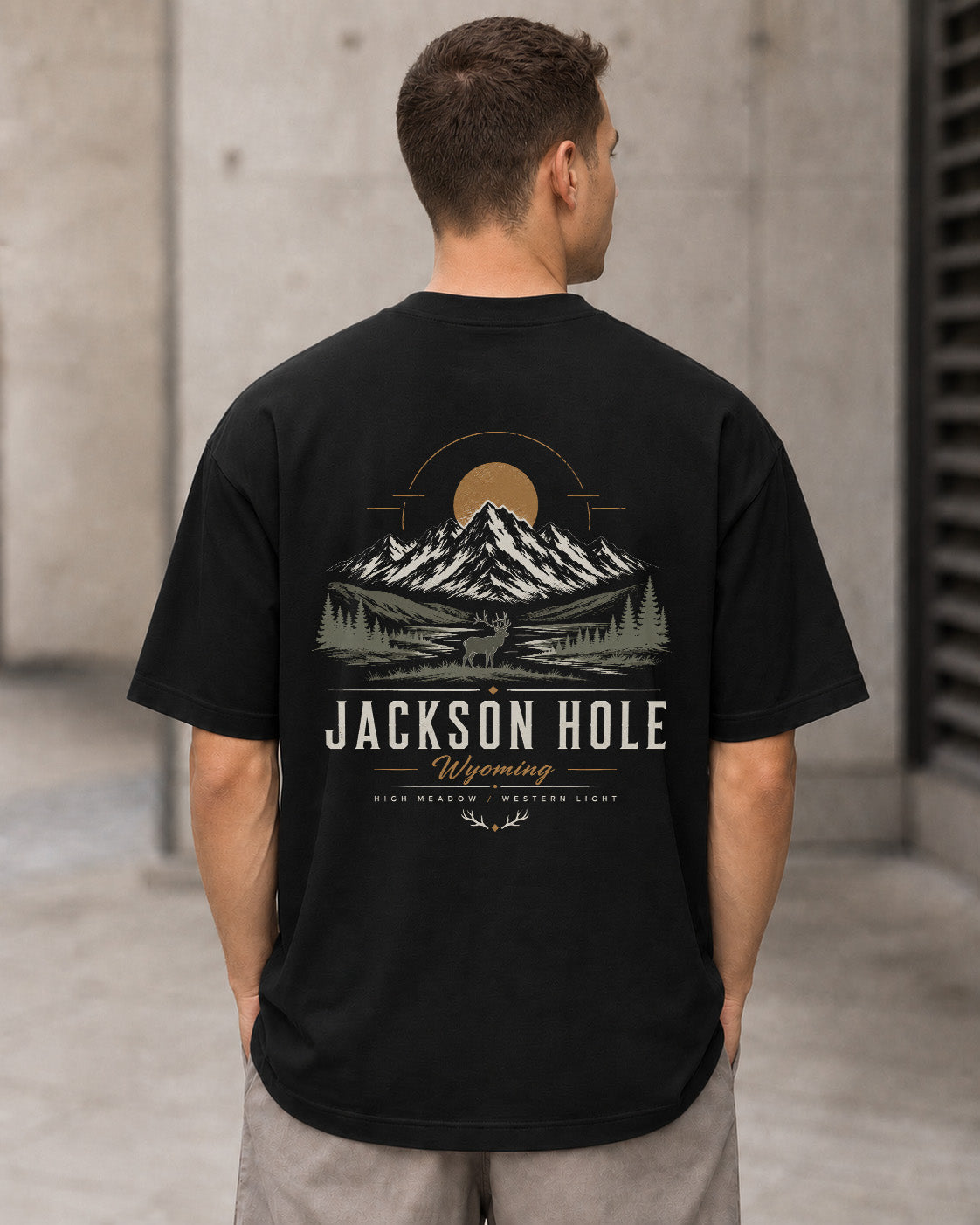Jackson Hole T-Shirt – Heavyweight Oversize Shirt Schwarz, Rückenprint