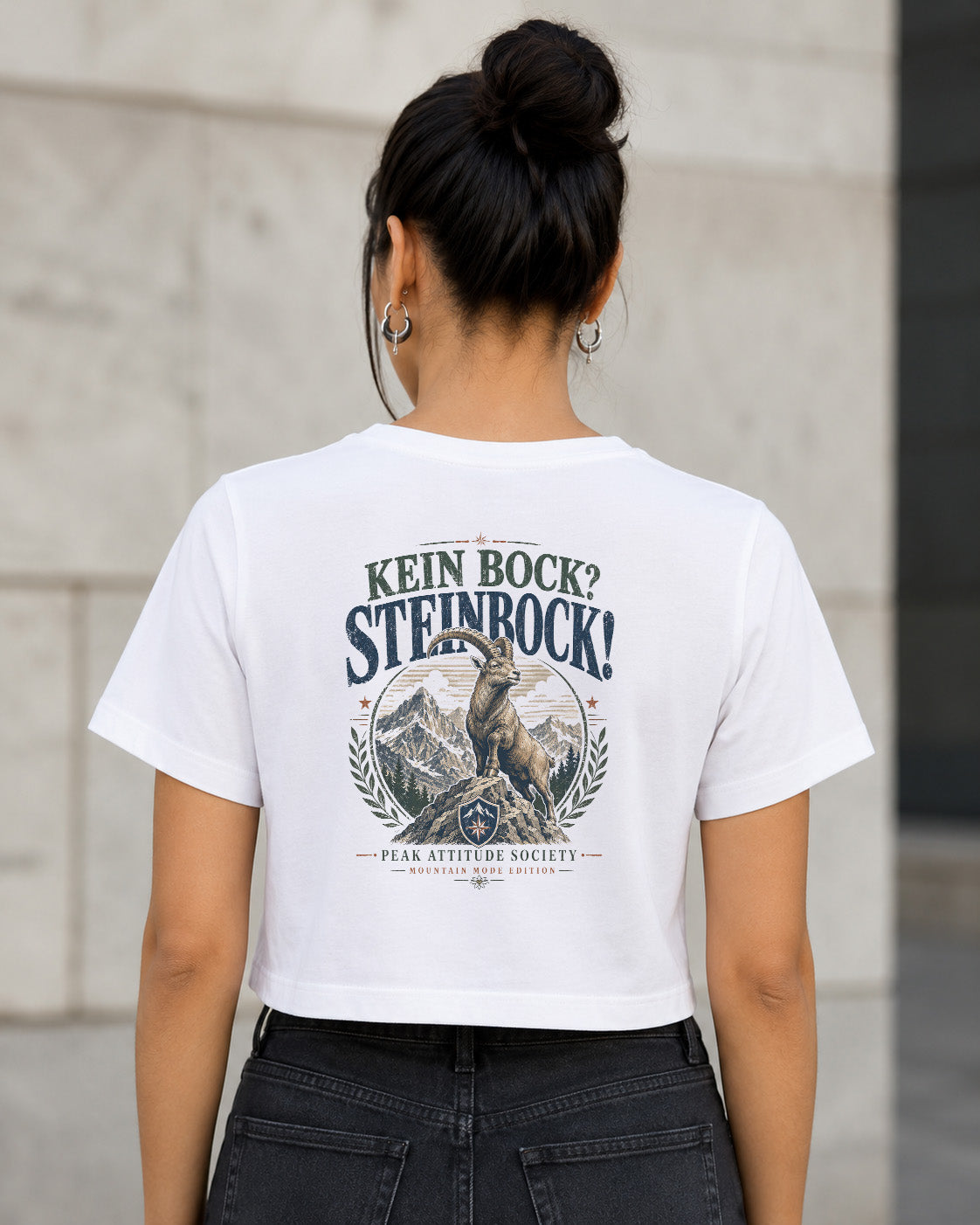 Kein Bock Steinbock T-Shirt – Frauen Crop Shirt Weiss, Rückenprint
