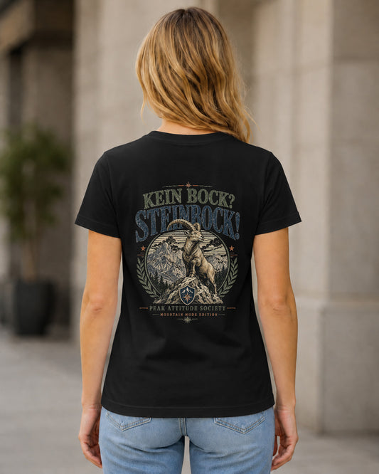 Kein Bock Steinbock T-Shirt – Frauen Shirt Schwarz, Rückenprint