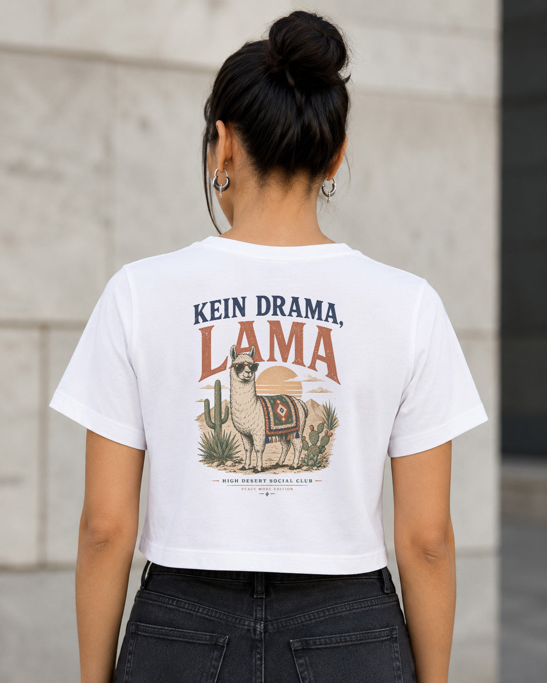 Kein Drama Lama T-Shirt – Frauen Crop Shirt Weiss, Rückenprint