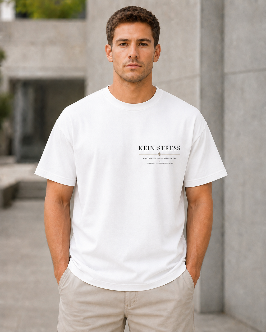 Kein Stress T-Shirt – Heavyweight Oversize Shirt Weiss, Frontprint