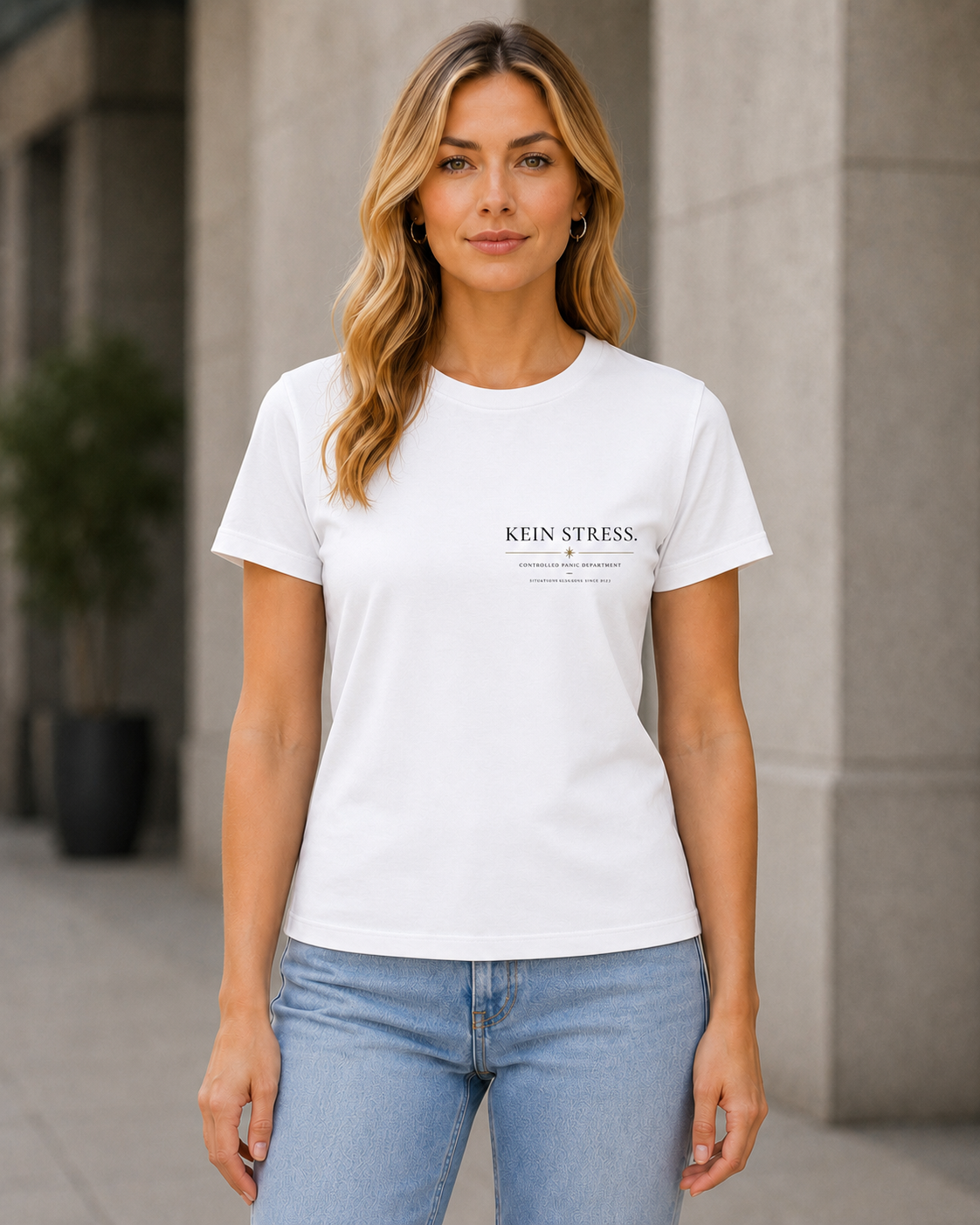 Kein Stress T-Shirt – Frauen Shirt Weiss, Frontprint