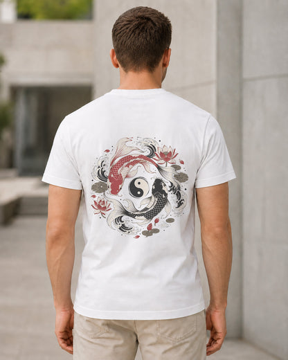 Koi Yin Yang T-Shirt – Bio-Baumwolle Shirt Weiss, Rückenprint