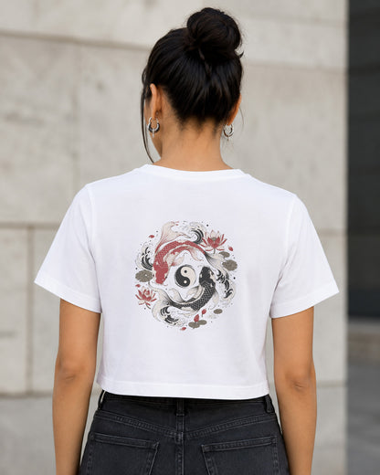 Koi Yin Yang T-Shirt – Frauen Crop Shirt Weiss, Rückenprint