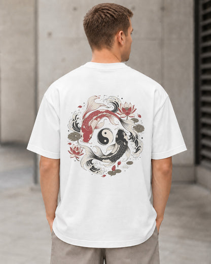 Koi Yin Yang T-Shirt – Heavyweight Oversize Shirt Weiss, Rückenprint