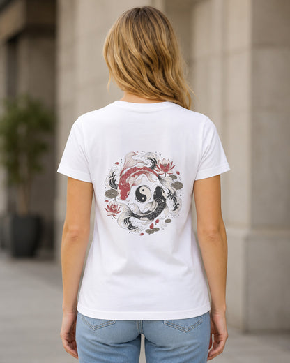 Koi Yin Yang T-Shirt – Frauen Shirt Weiss, Rückenprint