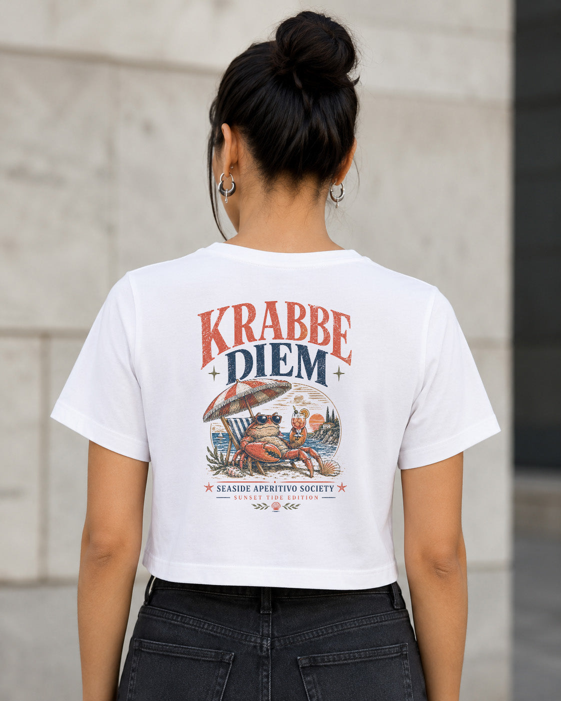 Krabbe Diem T-Shirt – Frauen Crop Shirt Weiss, Rückenprint