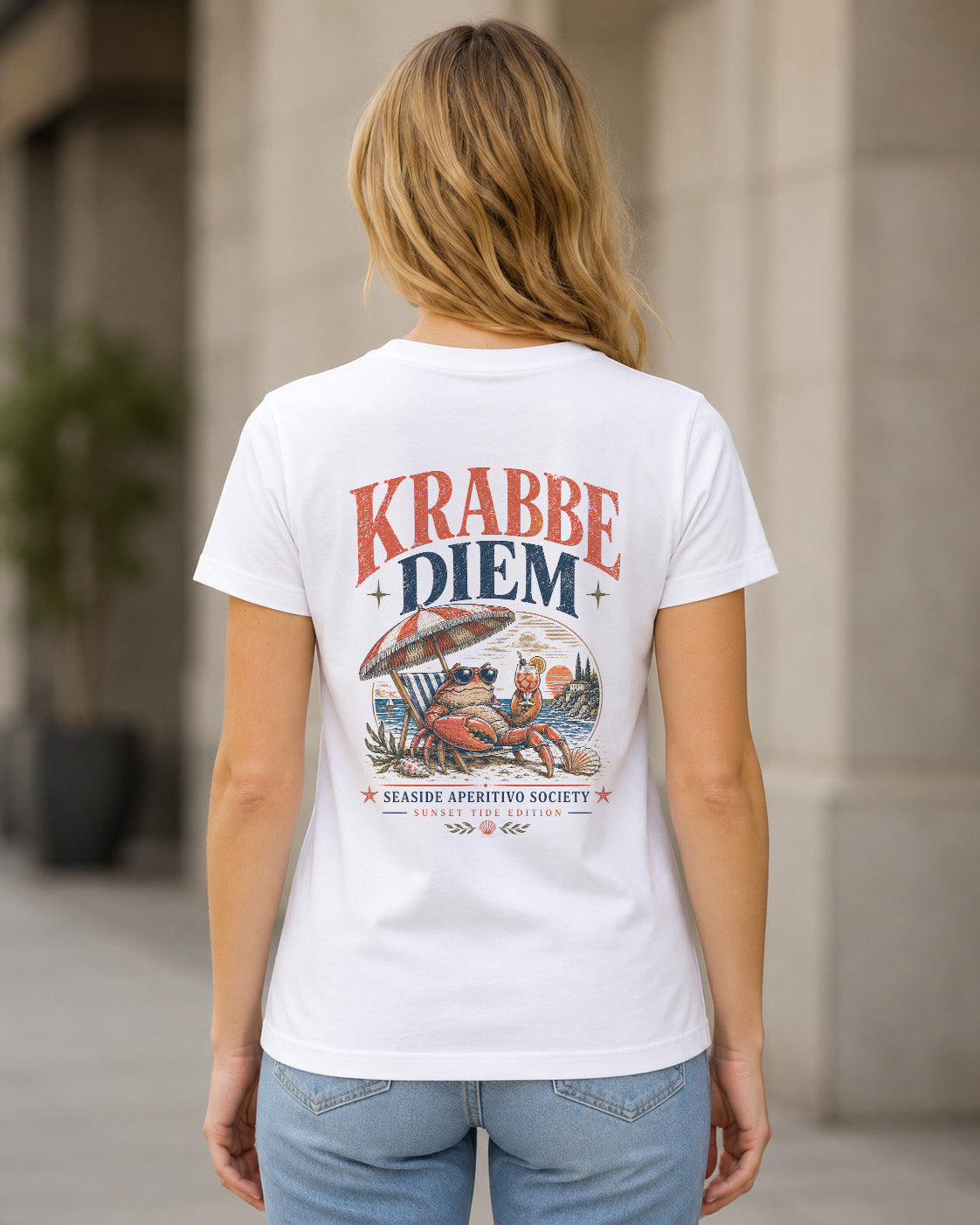 Krabbe Diem T-Shirt – Frauen Shirt Weiss, Rückenprint