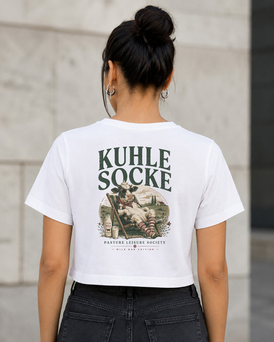 Kuhle Socke T-Shirt – Frauen Crop Shirt Weiss, Rückenprint