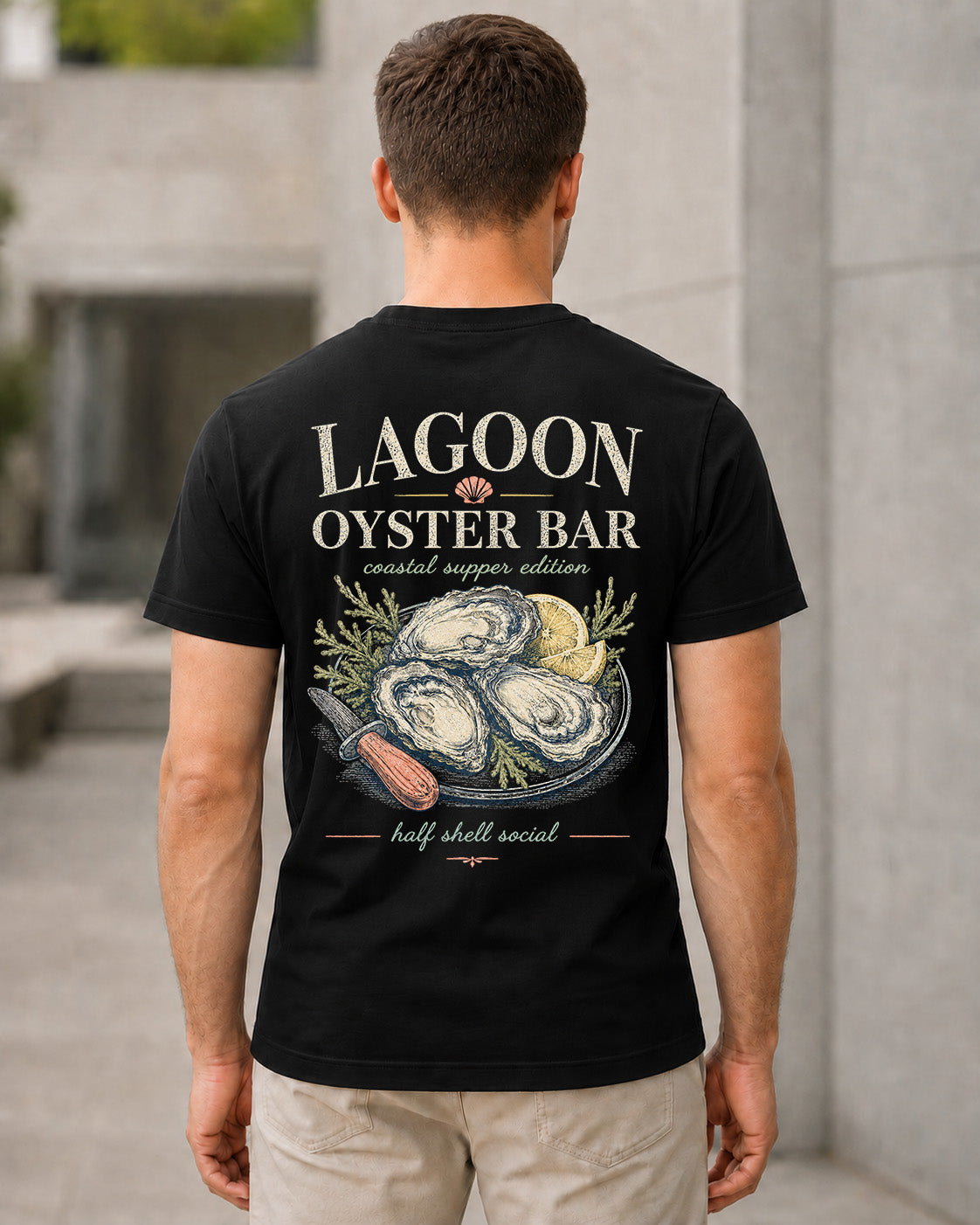 Lagoon Oyster Bar T-Shirt – Bio-Baumwolle Shirt Schwarz, Rückenprint