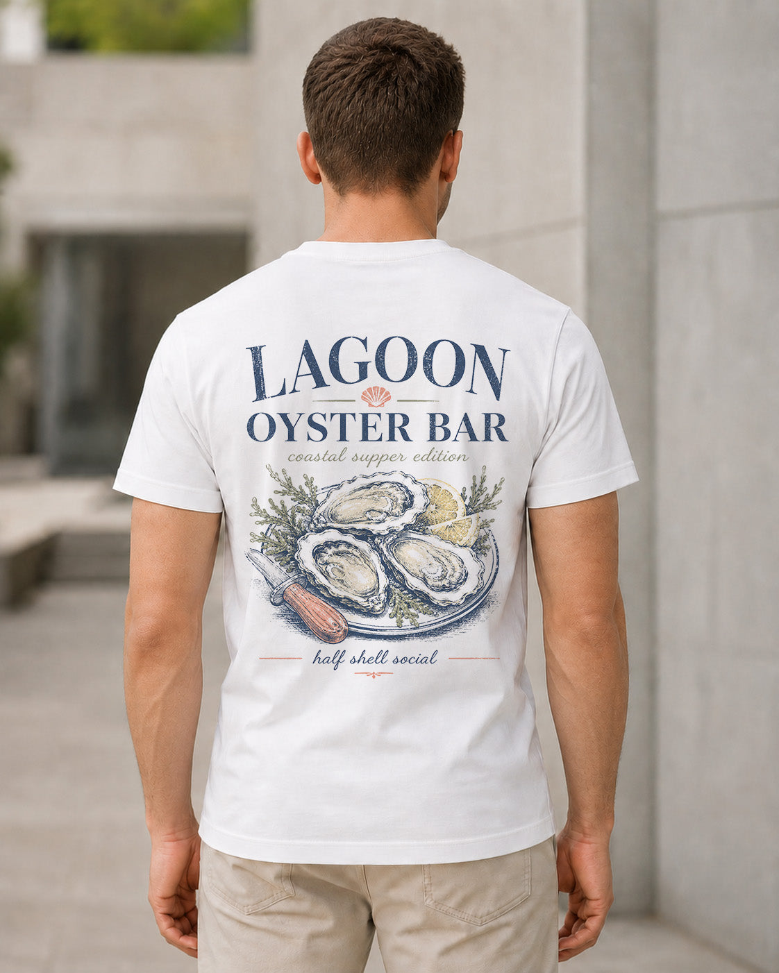 Lagoon Oyster Bar T-Shirt – Bio-Baumwolle Shirt Weiss, Rückenprint
