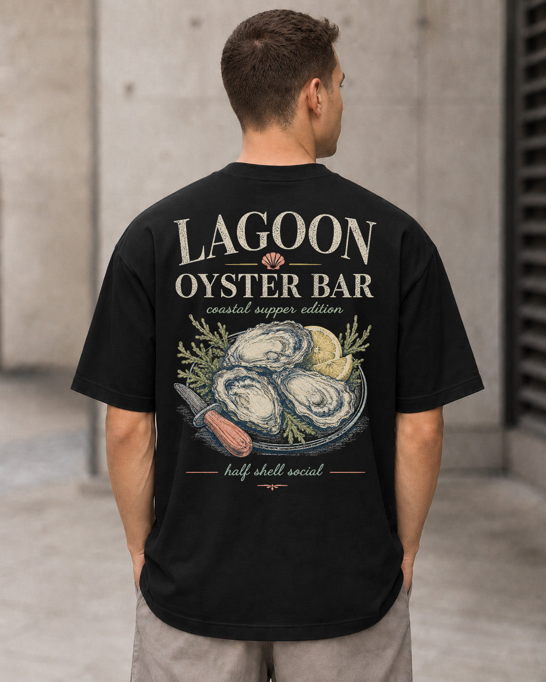 Lagoon Oyster Bar T-Shirt – Heavyweight Oversize Shirt Schwarz, Rückenprint