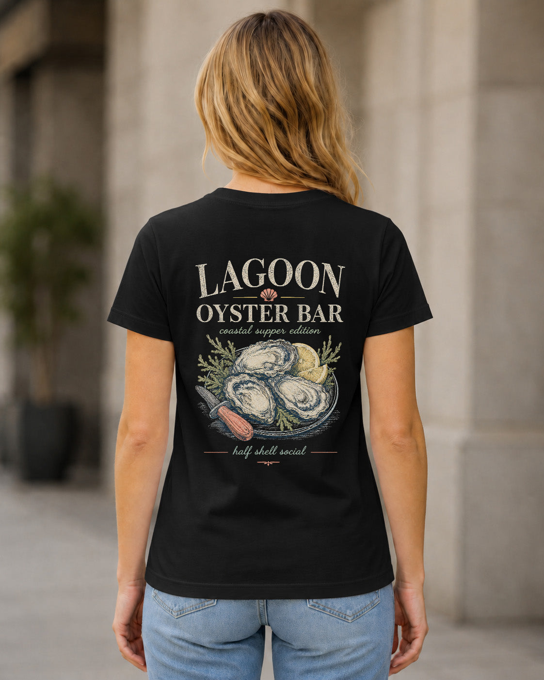 Lagoon Oyster Bar T-Shirt – Frauen Shirt Schwarz, Rückenprint