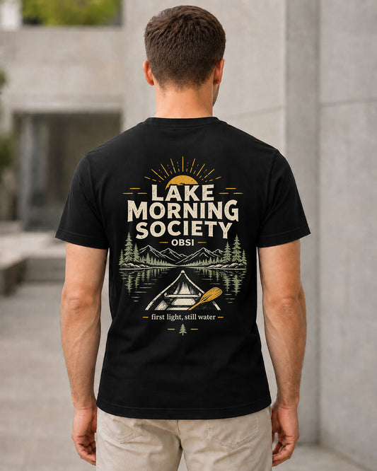 Lake Morning Society T-Shirt – Bio-Baumwolle Shirt Schwarz, Rückenprint