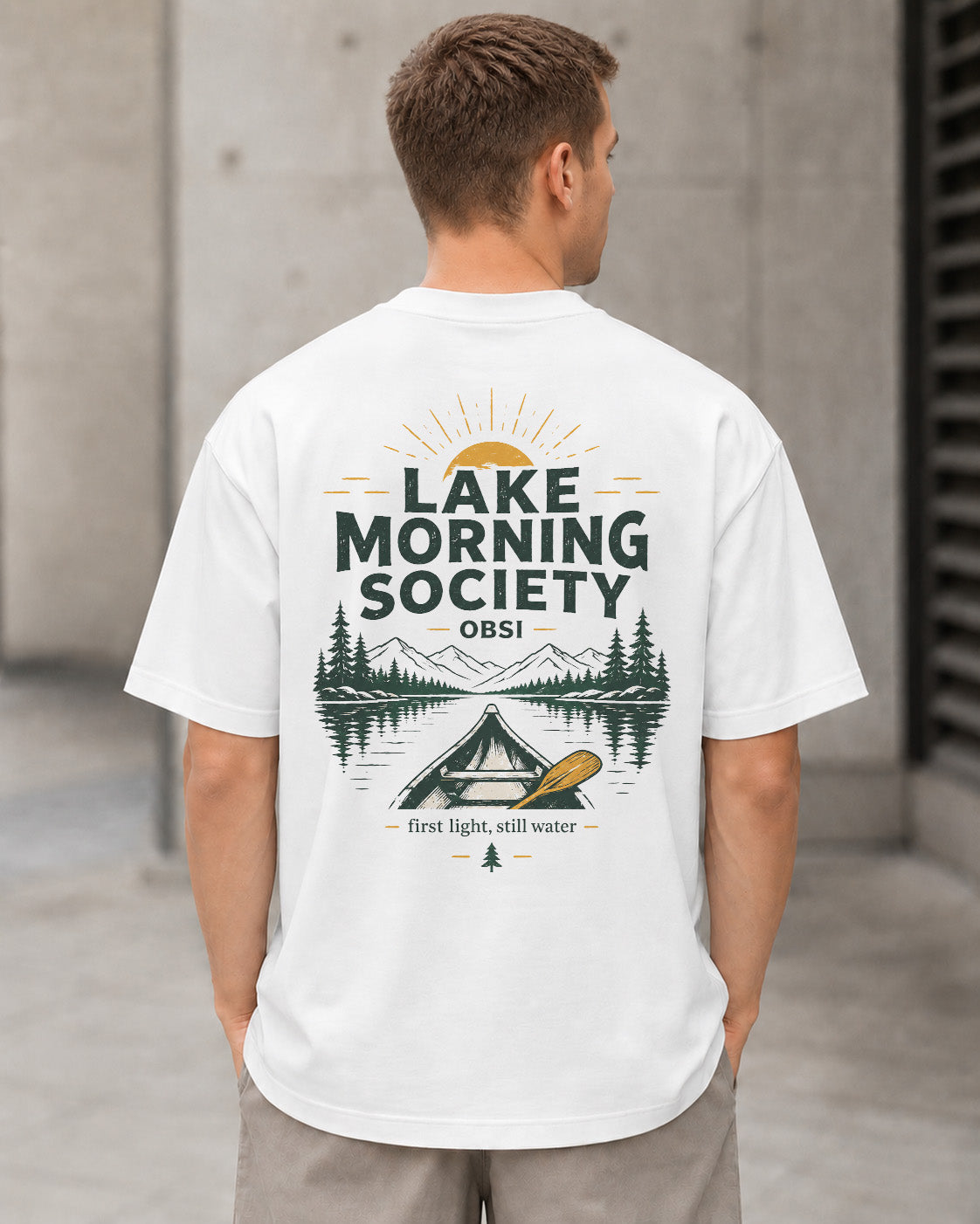 Lake Morning Society T-Shirt – Heavyweight Oversize Shirt Weiss, Rückenprint